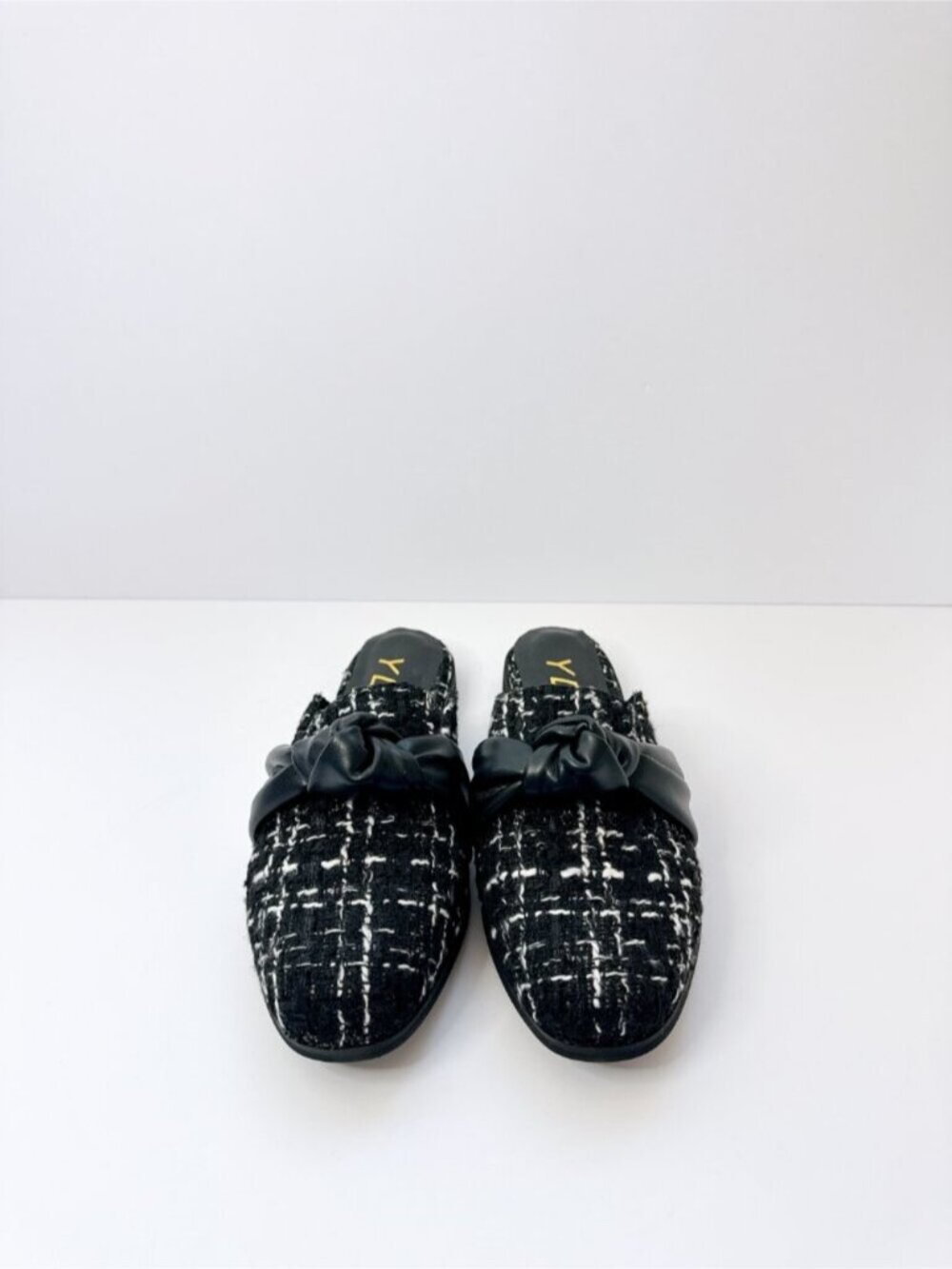 Women’s Size 9 Black Tweed Mule Knot Bow Slip-On Flats Round Toe